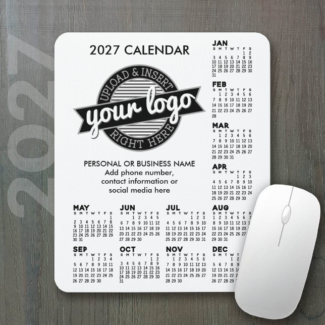 Mousepad Calendário 2027 com informações de contato do logo (2027 Calendar on a mousepad - add your logo)