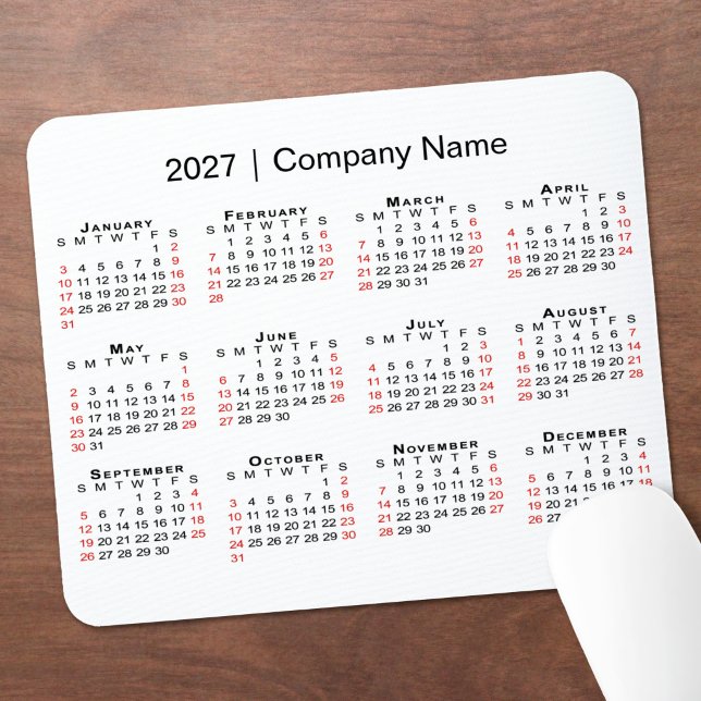 Mousepad Calendário 2027 com Nome da Empresa Branco (2027 Calendar with Company Name White Mouse Pad in situ)