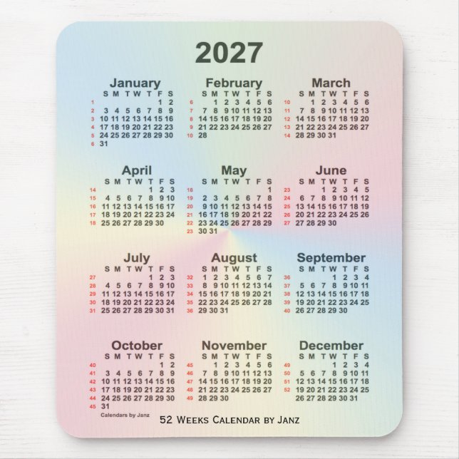 Mousepad Calendário 2027 da Rainbow Cloud 52 Semana por Jan (Frente)