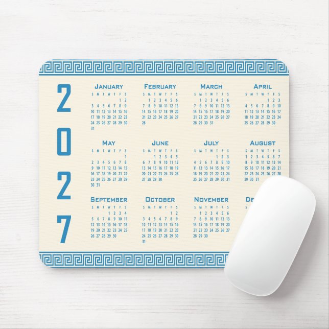 Mousepad Calendário 2027, Fretwork Grego, Azul no Cosmic La (Com mouse)