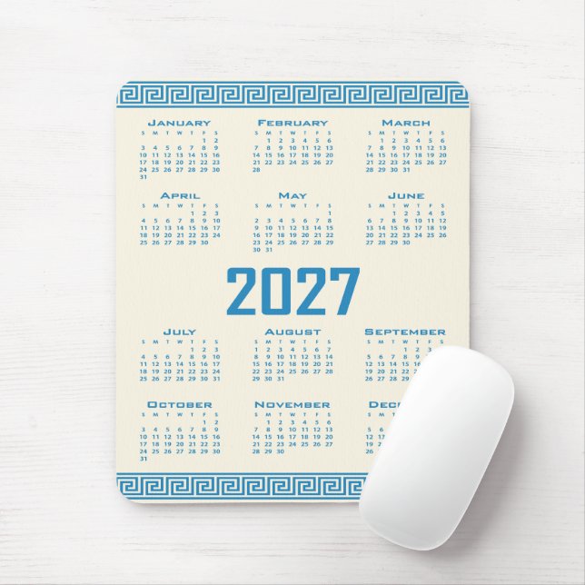 Mousepad Calendário 2027, Fretwork Grego, Azul no Cosmic La (Com mouse)