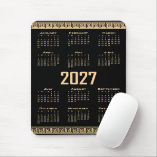 Mousepad Calendário 2027, Fretwork Grego, Bege no Preto