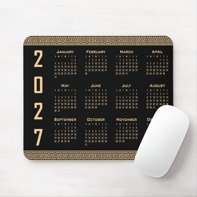 Mousepad Calendário 2027, Fretwork Grego, Bege no Preto (Com mouse)