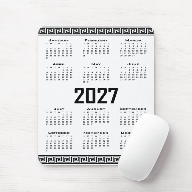Mousepad Calendário 2027, Fretwork Grego, Preto no Branco (Com mouse)