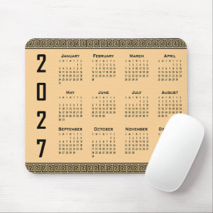 Mousepad Calendário 2027, Fretwork Grego, Preto sobre Bege