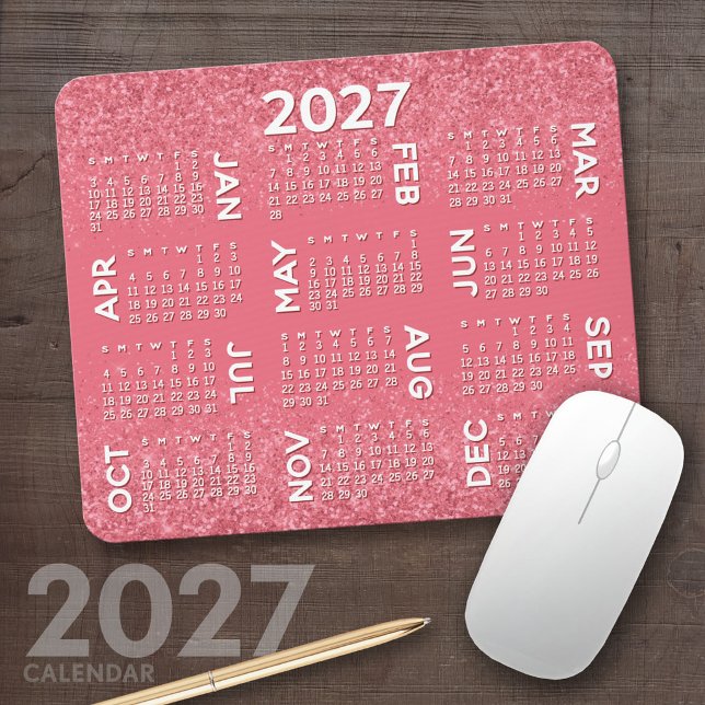 Mousepad Calendário 2027 - impressão de brilho rosa (2027 Calendar Mousepad)