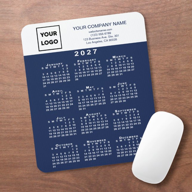 Mousepad Calendário 2027 Logotipo Texto Azul Marinho Branco (2027 Calendar Business Logo Text Navy Blue White Mouse Pad in situ)