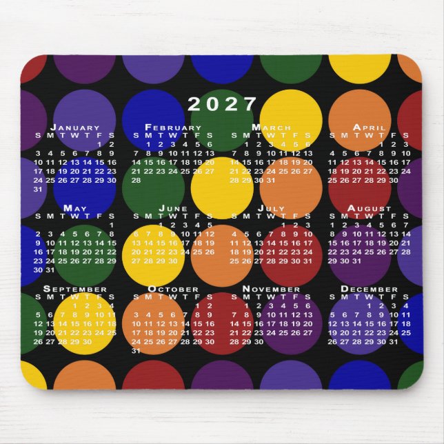 Mousepad Calendário 2027 Orgulho Arco-íris Bolinhas em Pret (Frente)