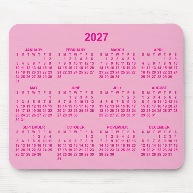 Mousepad Calendário 2027 Rosa Claro e Quente (Frente)