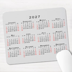 Mousepad Calendário 2027 Simples Cinza Preto Vermelho