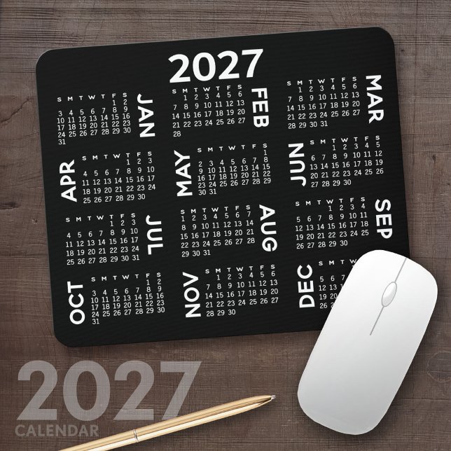 Mousepad Calendário 2027 - simples preto e branco moderno (2027 Calendar Mousepad)