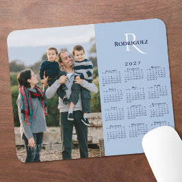 Mousepad Calendário 2027 Sua Foto Monograma Nome Azul Claro