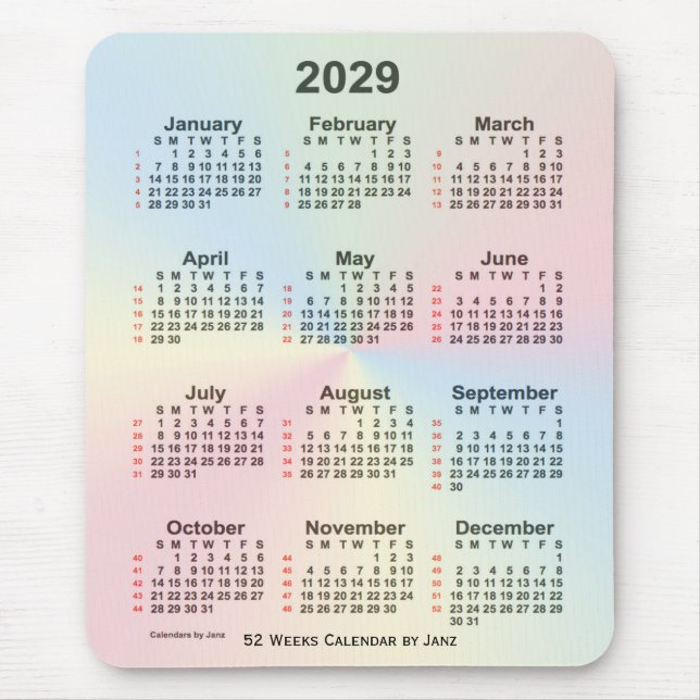 Mousepad Calendário 2029 da Rainbow Cloud 52 Week de Janz (Frente)