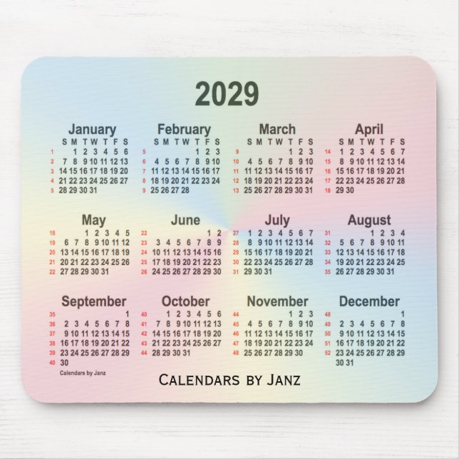 Mousepad Calendário 2029 da Rainbow Cloud 52 Weeks por Janz (Frente)