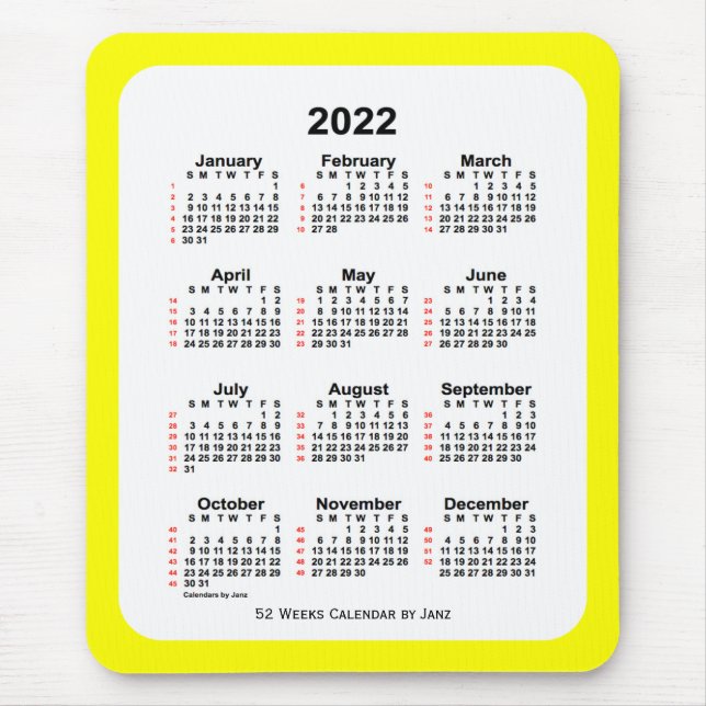 Mousepad Calendário Amarelo de 2022 de 52 Toneladas por Jan (Frente)