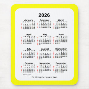 Mousepad Calendário Amarelo de 2026 de 52 Semanas de Dois T