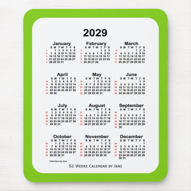 Mousepad Calendário Amarelo Verde de 52 Semanas 2029 por Ja (Frente)