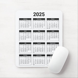 Mousepad Calendário anual 2025 dos EUA a preto e branco