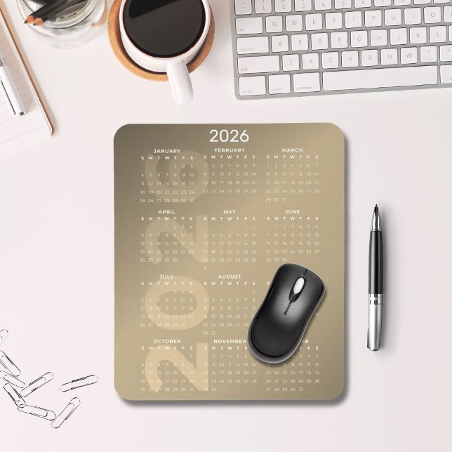 Mousepad Calendário Anual 2026 Fundo Gradiente Marrom (2026 Full Year Calendar Mousepad Brown Gradient)