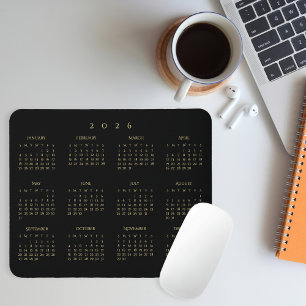 Mousepad Calendário Anual 2026 Preto e Dourado para Casa e