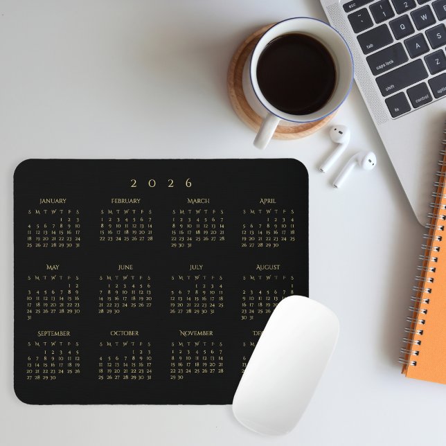Mousepad Calendário Anual 2026 Preto e Dourado para Casa e  (2026 Black Gold Full Year Calendar Home Office Mouse Pad)
