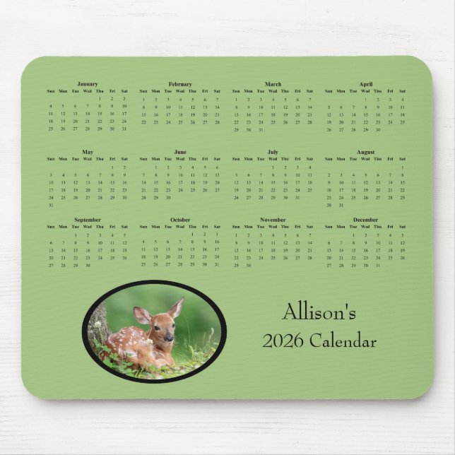 Mousepad Calendário anual de 2026 com filhote de cervo-de-c (Frente)