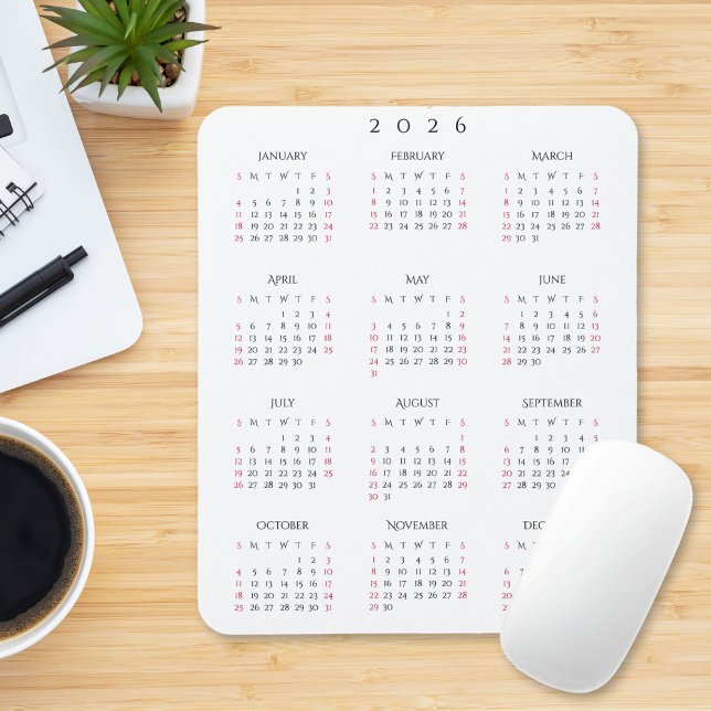 Mousepad Calendário Anual de 2026 para Escritório Residenci (2026 Full Year Yearly Calendar Elegant Home Office Mouse Pad)