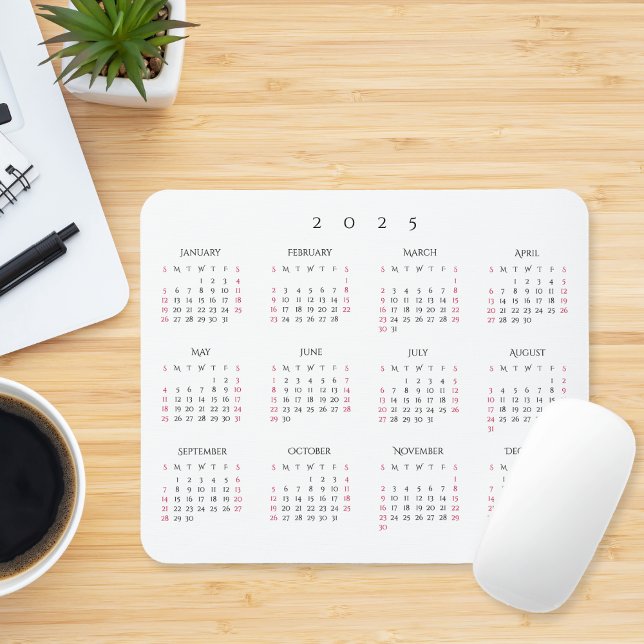 Mousepad Calendário Anual do Cheio do Office 2025 Casa Simp (Simple Home Office 2025 Full Year Yearly Calendar Mouse Pad)