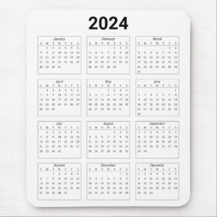 Mousepad Calendário Anual dos EUA 2024 preto e branco simpl