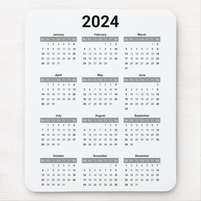 Mousepad Calendário Anual Simples Preto e Branco dos EUA 20 (Frente)
