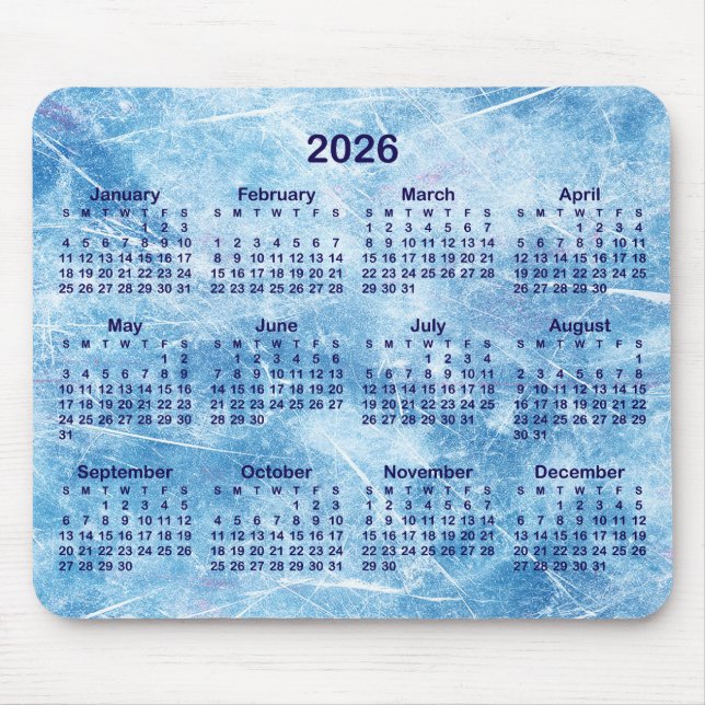 Mousepad Calendário Azul Gelo Riscado 2026 (Frente)