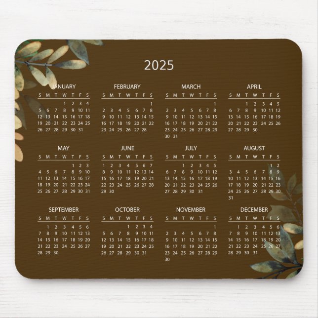 Mousepad Calendário Botânico Elegante Simples 2025 | Mousep (Frente)