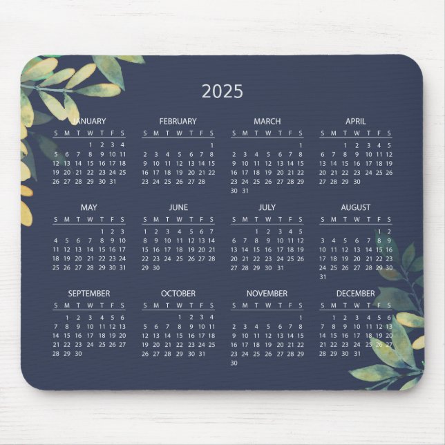 Mousepad Calendário Botânico Elegante Simples 2025 | Mousep (Frente)