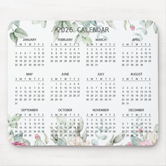 Mousepad Calendário Botânico Elegante Simples 2026 | Mousep (Frente)