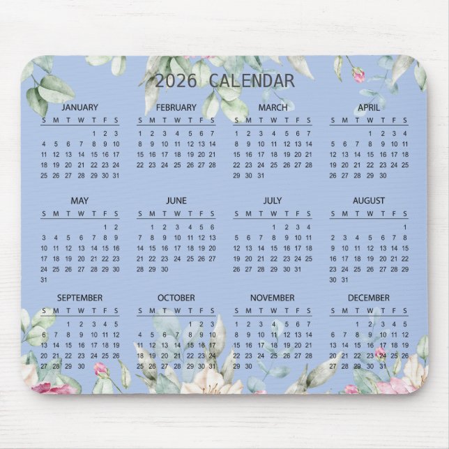 Mousepad Calendário Botânico Simples e Elegante de 2026 | M (Frente)