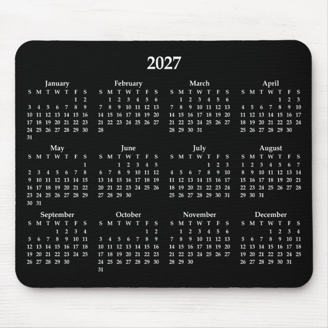 Mousepad Calendário Branco 2027 em Preto (Frente)