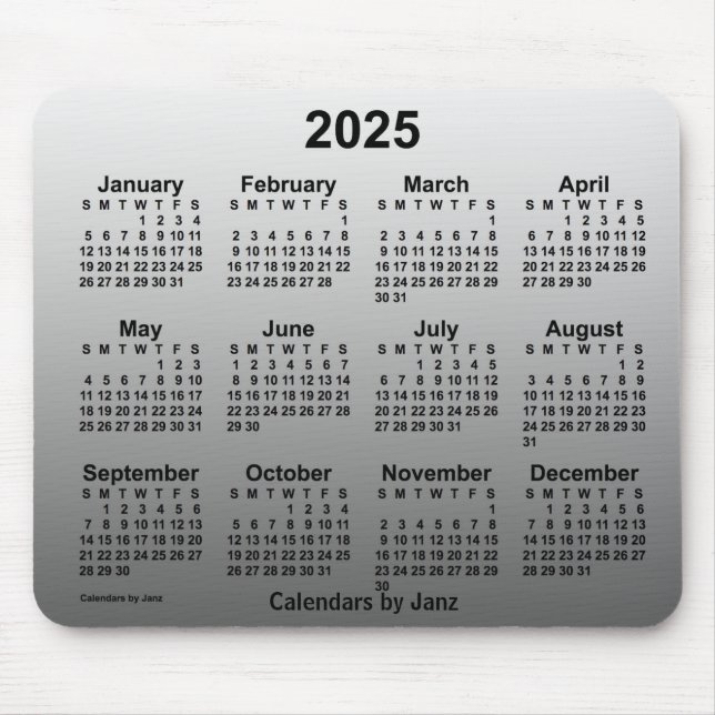 Mousepad Calendário Branco apagado de 2025 pelo Painel de M (Frente)