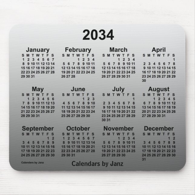 Mousepad Calendário Branco apagado de 2034 por Janz (Frente)