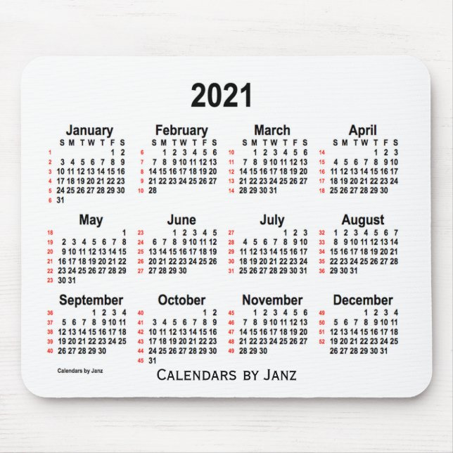 Mousepad Calendário branco de 2021, de 52 semanas, por Janz (Frente)