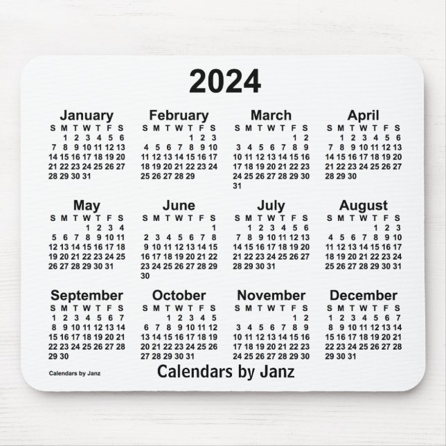Mousepad Calendário branco de 2024 pelo Painel do mouse Jan (Frente)