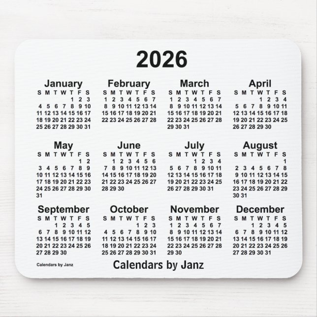 Mousepad Calendário branco de 2026 pelo Painel do mouse Jan (Frente)