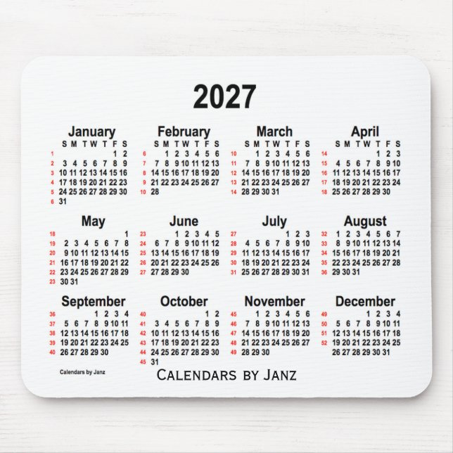 Mousepad Calendário branco de 2027, 52 semanas, por Janz (Frente)