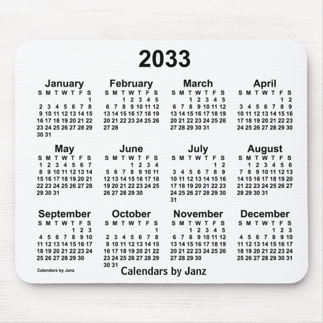 Mousepad Calendário branco de 2033 pelo Painel do mouse Jan (Frente)