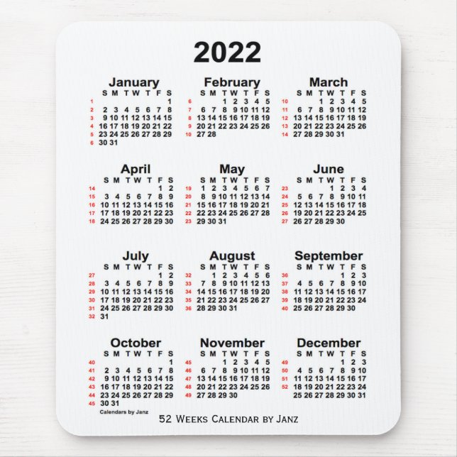 Mousepad Calendário branco de 52 semanas 2022 por Janz (Frente)