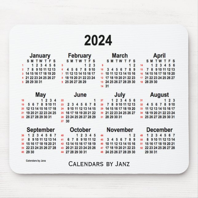 Mousepad Calendário branco de 52 semanas 2024 por Janz (Frente)
