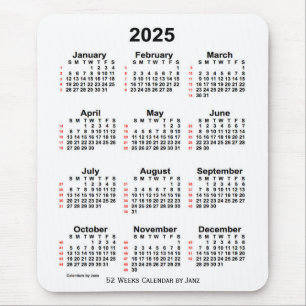Mousepad Calendário branco de 52 semanas 2025 por Janz