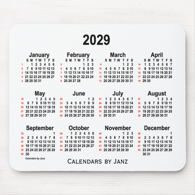 Mousepad Calendário branco de 52 semanas 2029 por Janz (Frente)