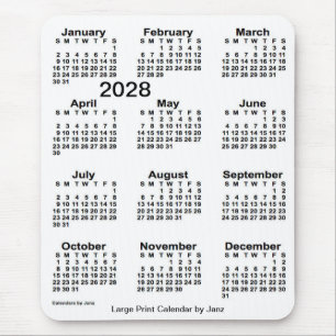 Mousepad Calendário Branco Grande Impressão de 2028 por Jan