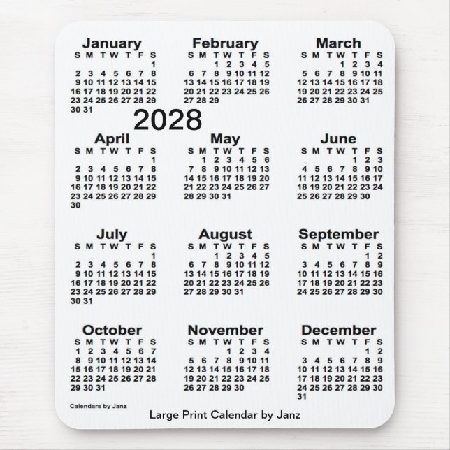 Mousepad Calendário Branco Grande Impressão de 2028 por Jan (Frente)