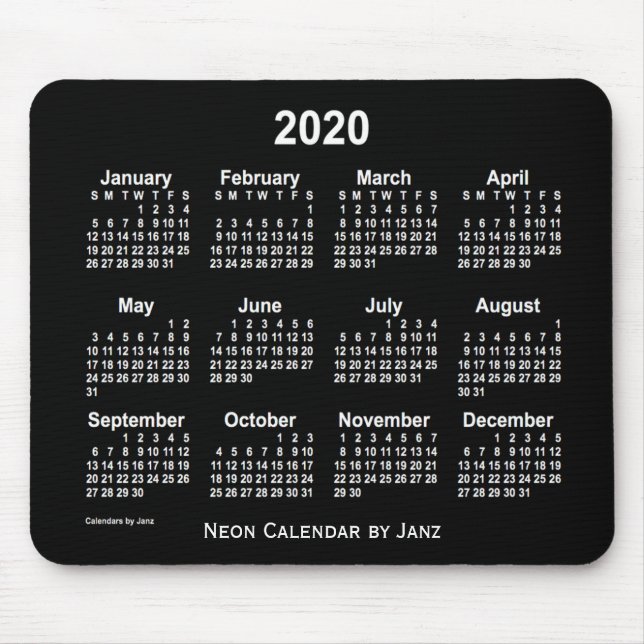 Mousepad Calendário branco Neon 2020 de Janz (Frente)